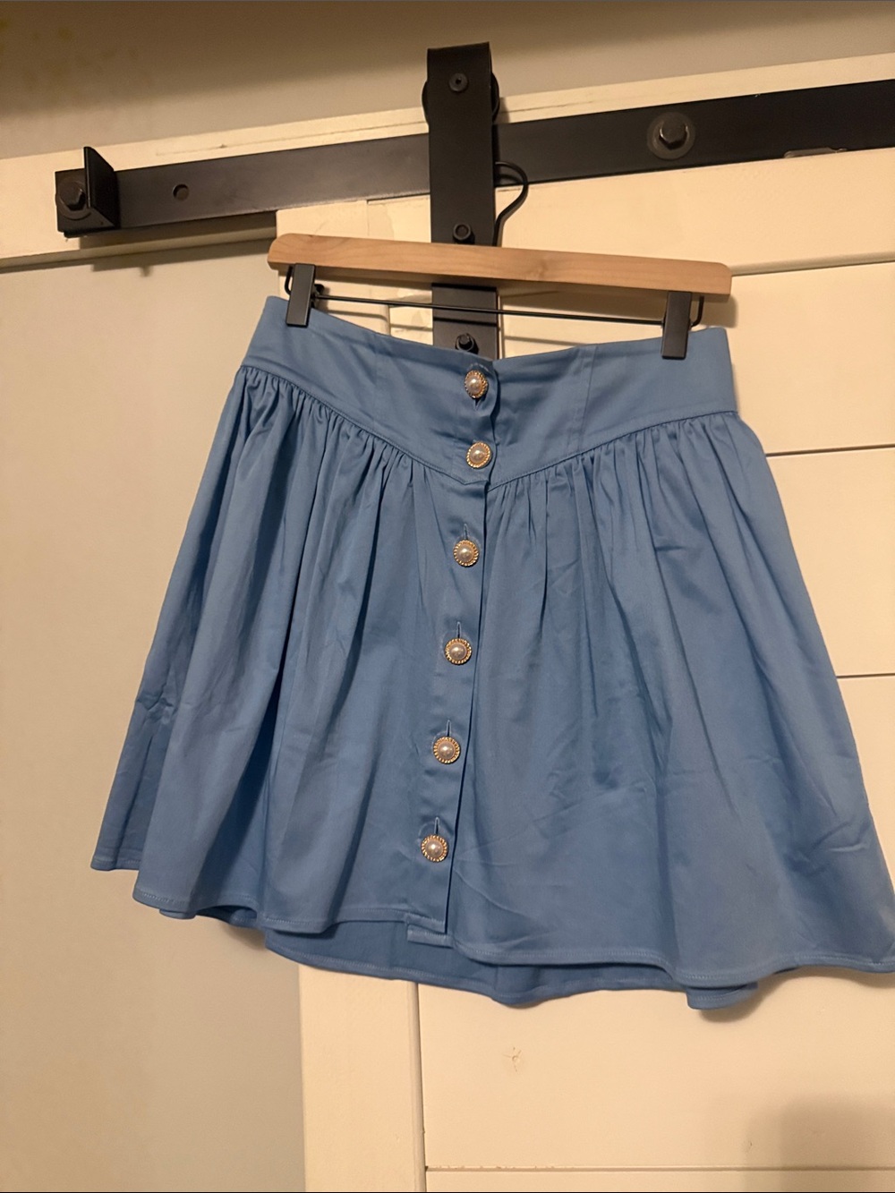 Maeve Anthropologie Light Blue Basque waist pearl Button-Front skirt